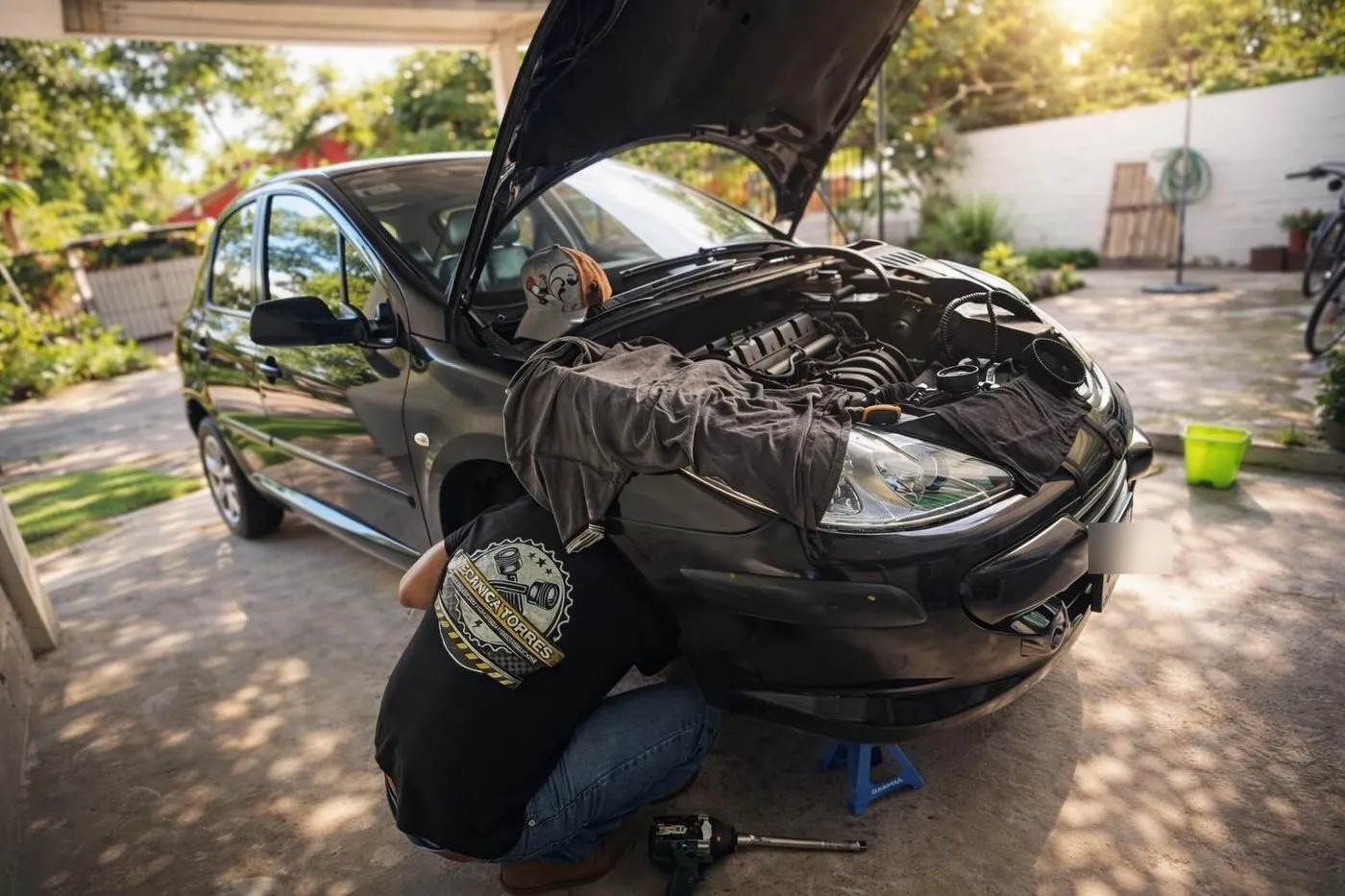 Alexis Torres, con la remera de Mecánica Torres, trabajando en un Peugeot levantado sobre caballete en la cochera de un cliente